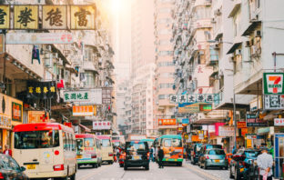Hong Kong Street Scene, Mongkok District with busses